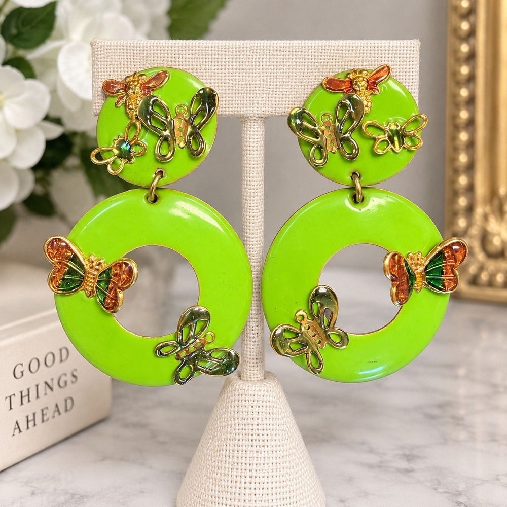 Vintage Lime Green Butterfly Earrings Clip On Dangle 2.5" Statement Maximalist